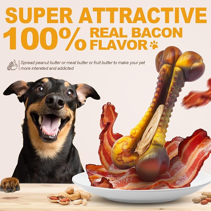 Dog Toys for Aggressive Chewers, Indestructible Dog Chew Toys for Large Medium Small Breed, Tough Nylon Interactive Durable Chew Toy Bone for Puppy Teething Toy Bacon Flavor, Best Gift&Keep Them Busy