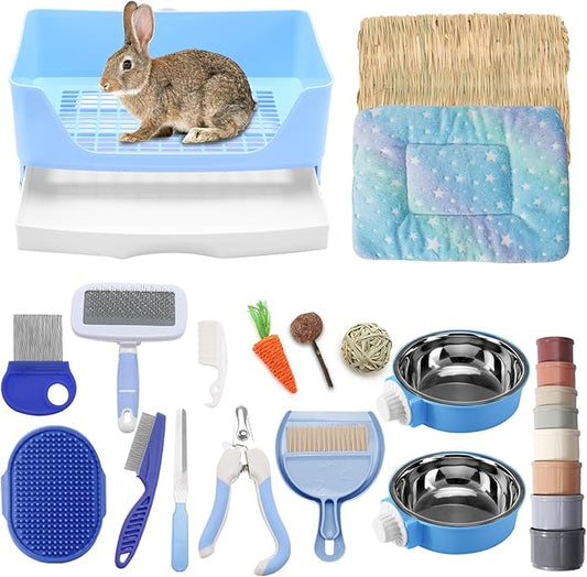 25 Pcs Large Rabbit Starter Kit, Bunny Litter Box with Drawer Animal Grooming Kit Stacking Cups Bowl Blankets Mat with Cleaning Set for Adult Guinea Pig, Ferret, Hamster, Bunnies Accessories (Blue)