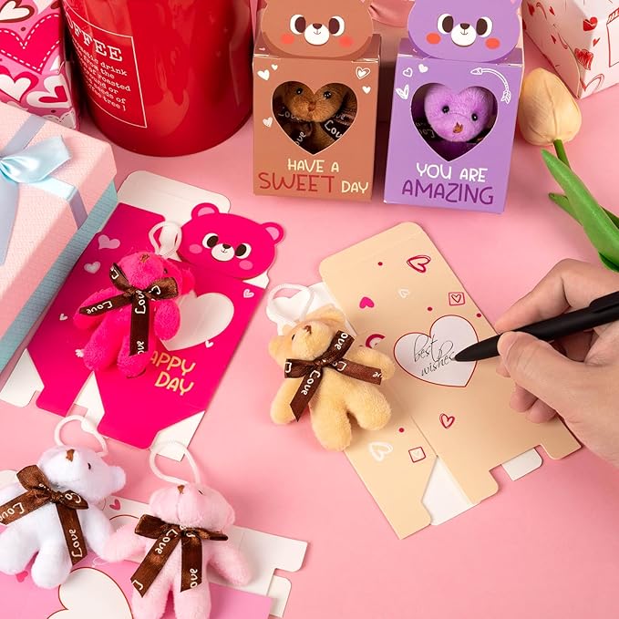 Sofier Valentines Day Gifts for Kids Classroom 27 Pack Valentines Card Boxes with Heart Window Mini Animal Toys Bears Keychains Bulk for Boys Girls Party Favor School Teacher Student
