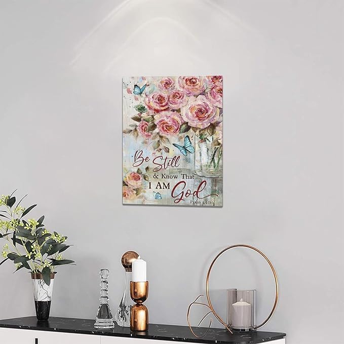Farmhouse Rose Wall Art Christian Scripture Pictures Pink Rose Wall Decor Rustic Floral Butterfly Canvas Print Painting Artwork for Bathroom Living Room Bedroom 12"x16"