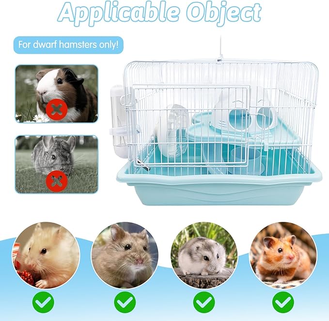 PINVNBY Dwarf Hamster Cage, Small Animal Cages, 2-Tier Travel Portable Mouse Cage Hamster Carrier with Castle House Running Exercise Wheels, Water Bottle and Food Dis（Blue）