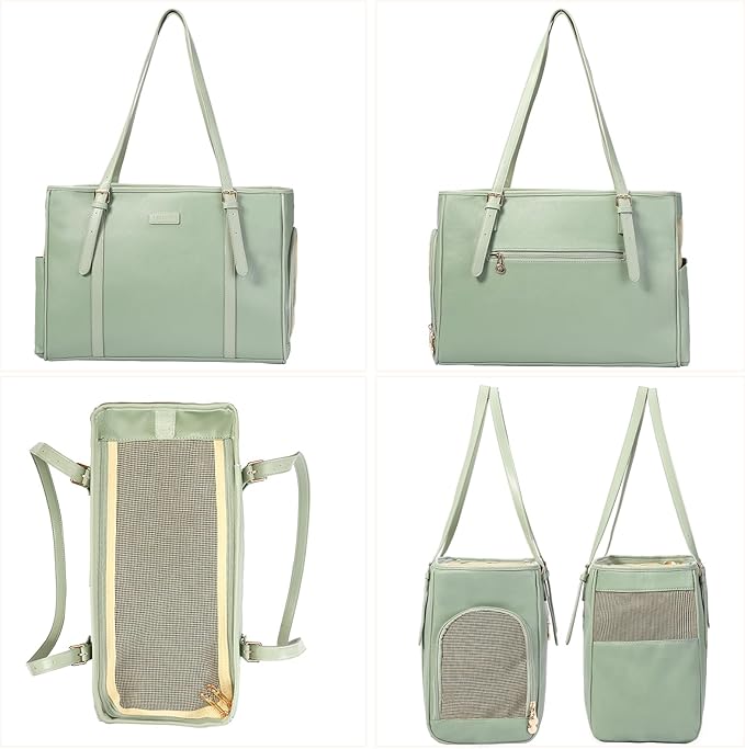 Fashion Dog Purse Pet Carrier Leather Bag for Small Dogs Cats Puppy, Portable Tote Bag Airline Approved Soft-Sided Carriers (Green)
