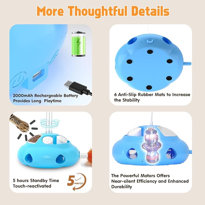 Interactive Cat Toys for Indoor Cats, 4in1 Pet Teaser Toy with Ambush Feather Wand, Motorized Fluttering Butterfly and Slow Feeder, Rechargeable Power Treat Puzzle Toy(Blue)