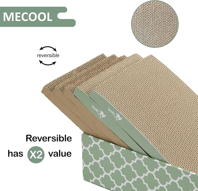 MECOOL Cat Scratching Board，5PC Cat Scratch Pad with Box，Reversible Corrugated Cat Scratcher Cardboard and Lounge Bed for Indoor Cats, Catnip