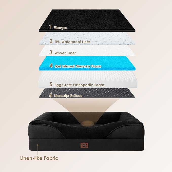 EHEYCIGA Memory Foam XXL Dog Bed for XLarge Sized, Extra Large Orthopedic Dog Sofa with Sides and Waterproof Liner, Washable Bolster Pet Couch with Removable Cover, 52x41x8 Inch, Black