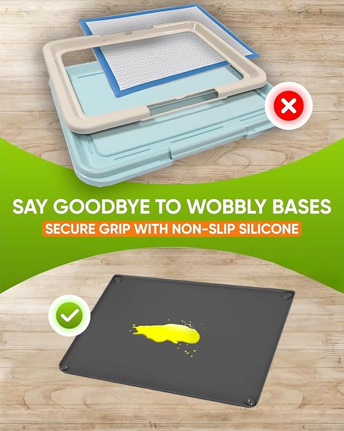 TidyFriend Puppy Pad Holder Tray Fits for 11.5” x 17” Pee Pads with Corner Lock Holes, Raised Edges, Non-Spill, Easy to Clean Silicone Puppy Potty Tray Holder, for Indoor Floor Protection (Grey)