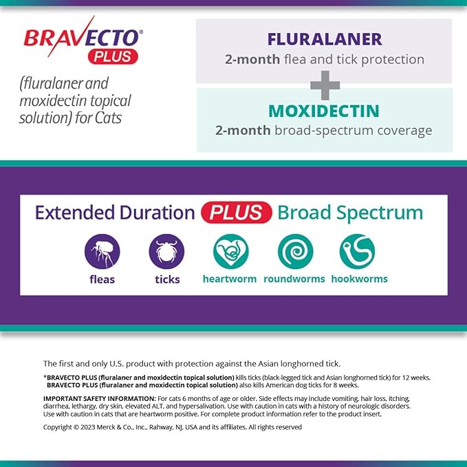 BRAVECTO Plus Topical Solution for Cats, Flea, Tick & Heartworm, 2 Months Supply, 2.6-6.2 lbs., Green Box
