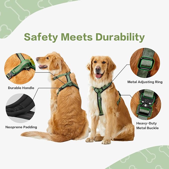 CLEPAWS Dog Harness for Large Dogs, No Pull Dog Harness Easy Walk with Metal Hardware, Ergonomic Y-Shaped Design, Soft Padding, Padded Handle, Durable High-Tensile Nylon (Evergreen, L)