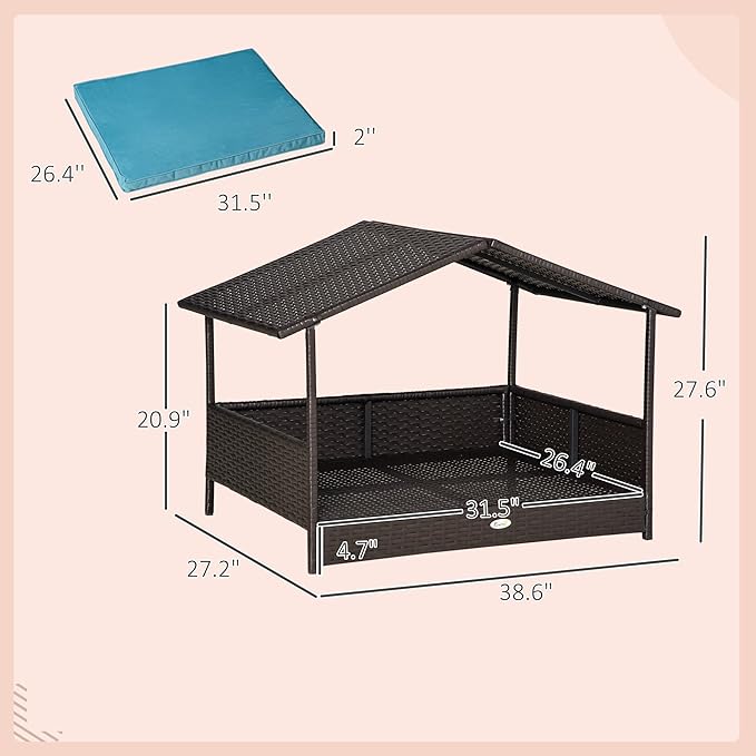 PawHut Wicker Dog House Outdoor with Canopy, Rattan Dog Bed with Water-Resistant Cushion, Raised Dog Bed for Small, Medium Dogs up to 66 lbs, 19.75" in Length, Brown Wicker, Blue Cushion