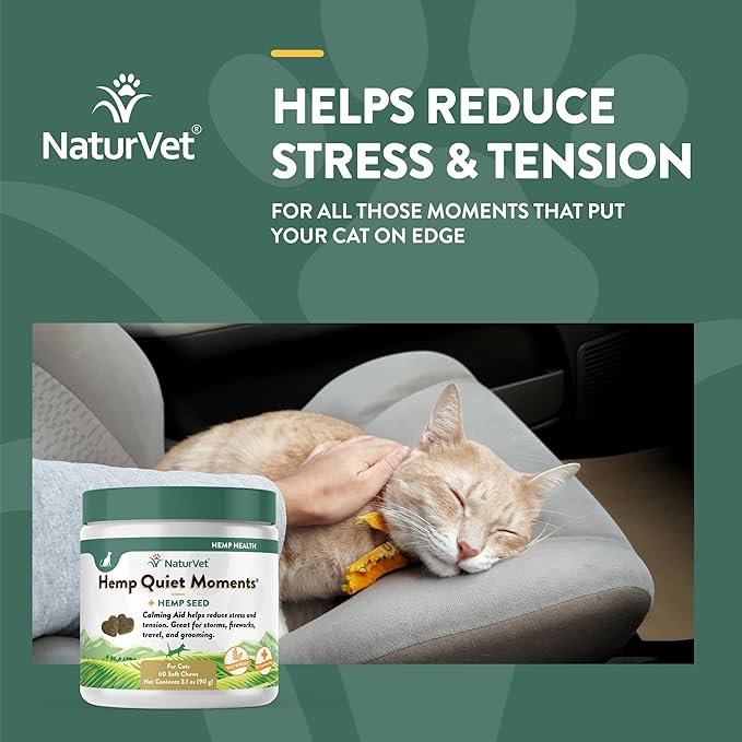NaturVet Hemp Quiet Moments Plus Hemp Seed for Cats, 60 ct Soft Chews, Made in USA