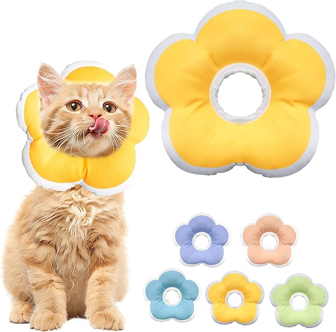 Cat Cone Collar Soft, Waterproof Cats Cones to Stop Licking After Surgery, Adjustable Soft Elizabeth Cats Collars for Wound Healing, Flower Shape Cat Recovery Collar (Yellow, X-Small)