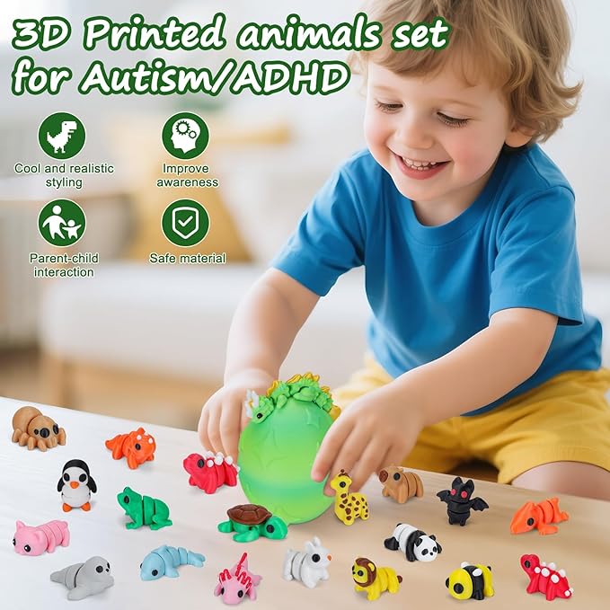 Mini 3D Printed Animals with Dragon Eggs Set, 3D Printed Fidget Toys, Small Articulated Animal Figures Pocket Pets Bulk, Desk Ornament Party Favors (Animal Family)