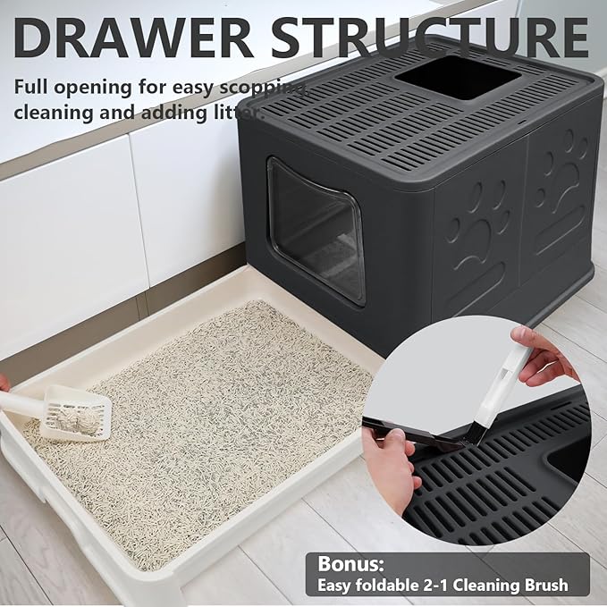 XL Foldable Cat Litter Box with Lid - Jumbo Enclosed Potty - Top Entry Anti-Splashing Toilet - Includes Scoop & 2-in-1 Cleaning Brush (Black)