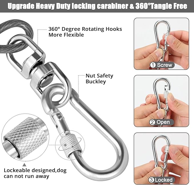 Jenico Dog Tie Out Cable - 10/15/20/30/40/50/70/100/150FT Runner Cable with Swivel Hook and Shock Spring, Leash Tether for Yard, Outdoor and Camping, Up to 500 LBS