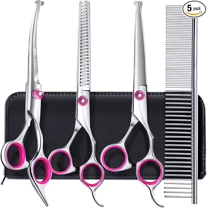 Gimars Dog Grooming Scissors Kit Professional 4CR with Safety Round Tip, 5 in 1 Heavy Duty Titanium Coated Thinning & Curved & Straight Shears