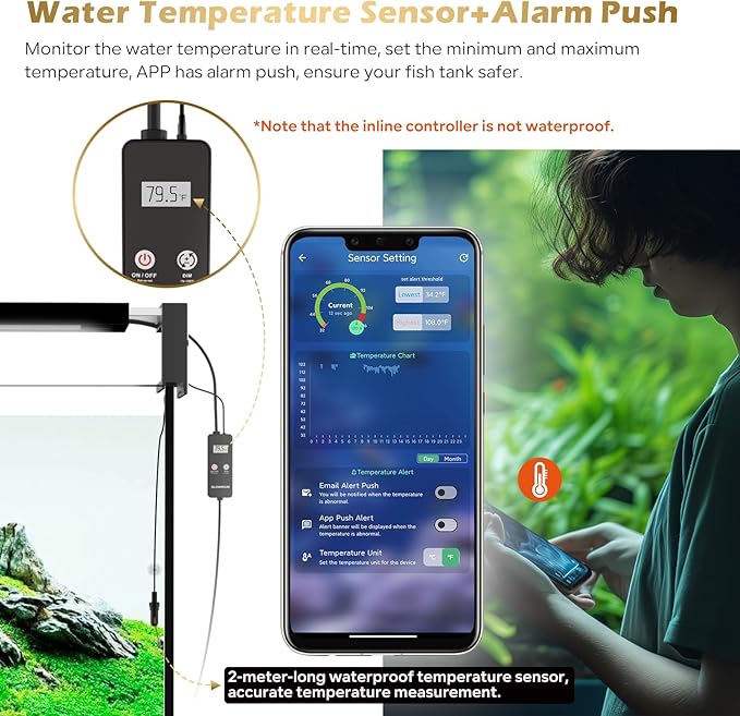 GLOWRIUM Smart Aquarium Light, Bluetooth + WiFi Dual Control Freshwater Fish Tank Light with App, Multi-preset Spectrum, Brightness Adjustable, Anti-Drop, Real Time Water Temperature Sensor (36-48 in)