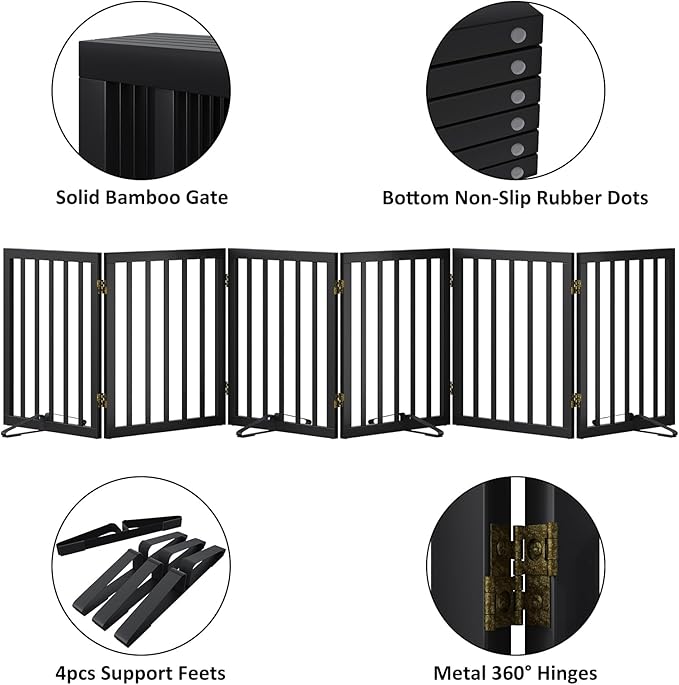 Extra Wide Dog Gate 110 inches Wide, Freestanding Pet Gate for The House Doorway, Pet Puppy Barrier, Support Feet Included, Black,6 Panels