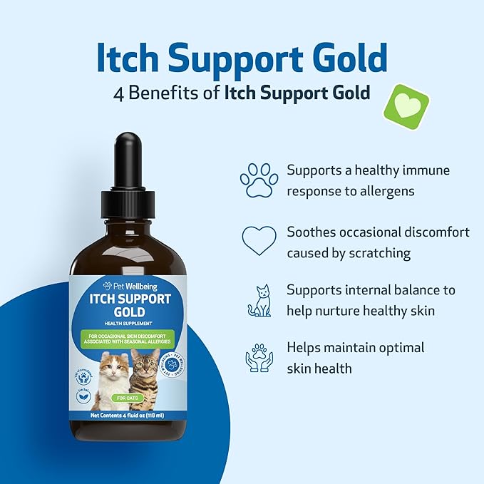 Pet Wellbeing Itch Support Gold for Cats - Occasional Itching, Scratching, and Hot Spots, Environmental and Seasonal Allergies, Dong Quai - Veterinarian-Formulated Herbal Supplement 4 oz (118 ml)