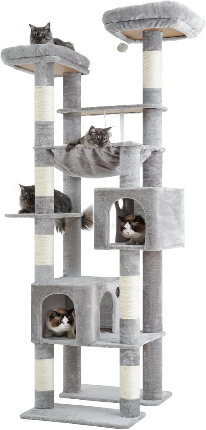 Hey-brother Tall Cat Tree Tower, Heavy Duty Scratching Posts with Large Platforms, Cozy Condos, Big Hammock, Toy Balls, Multi-Level Furniture for Indoor Adult Cats, 80.7 Inches, Light Gray MPJ039W