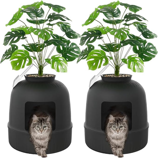 Lifewit 2 Pack Litter Box Cat with Faux Plant & Scoop, Hidden Enclosure Litter Tray with Odor Control & Carbon Filter in Living Room, Bedroom, Corner, Black