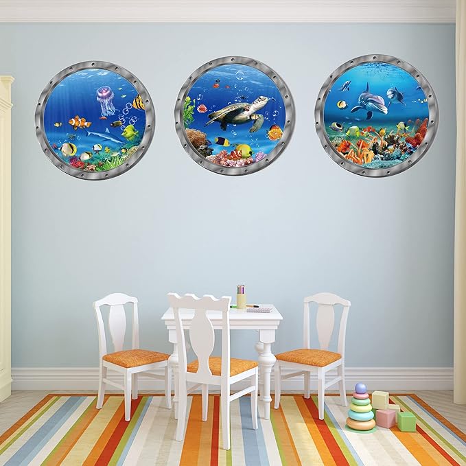 Ocean Animals World Under Sea Decor Includ Sea Turtles Dolphins Fishes 3 Pcs Removable 3D Peel and Stick Vinyl Stickers for Bathroom,Wall Decor,Wall Stickers,Bedroom,Furniture