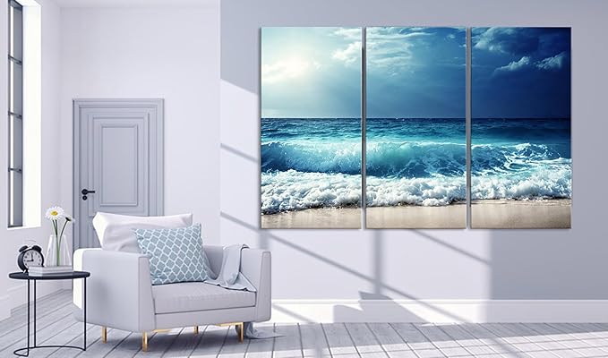 Nature Wall Art Prints - Ocean Forest Mountain Lake Canvas Landscapes - Small to Extra Large Living Room Bedroom Kitchen Bathroom Décor (Summer Ocean Beach, 39L" x 59W" - 3 Panels)