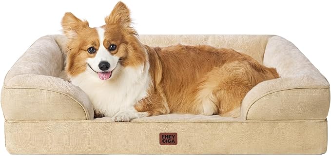 EHEYCIGA Orthopedic Dog Beds for Large Dogs, Waterproof Memory Foam Large Dog Bed with Sides, Non-Slip Bottom and Egg-Crate Foam Pet Couch Bed with Washable Removable Cover, Greige