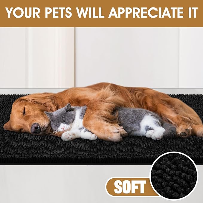 IM HOME 30" x 20" Black Dog Door Mats for Muddy Paws, Chenille Absorbent Dog Mat, Non Slip Heavy Mud Mat for Dogs, Soft Pet Bed Mat for Entryway, Mud Paws, Inside Floor