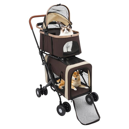 Double Pet Stroller for Dogs and Cats, Foldable Dog Stroller Travel Carriage with Detachable Carriers, Safety Belts, and 4 Lockable Wheels for Small to Medium Pets (Coffee Color)