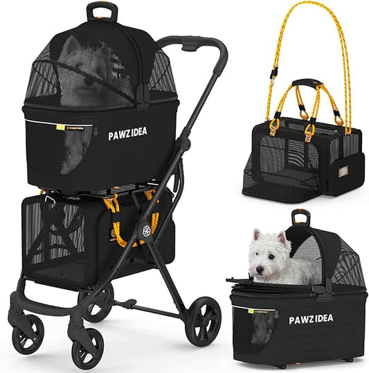 PAWZIDEA Double Pet Stroller with 2 Detachable Carriers, Portable Dog Crate for Car Travel & TSA-Approved Expandable Cat Carrier, Foldable Lightweight Jogger Stroller for 2–4 Cats or Small/Medium Dogs