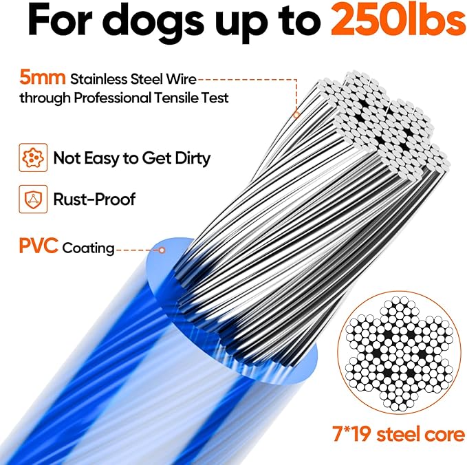 Tresbro 30FT Reflective Tie Out Cable for Dogs Up to 250 Pounds, Steel Wire Lead Leash Cable with Stainless Rotatable Clip, Lightweight and Enduring, Dog Lead Chains for Outside,Yard,Camping, Blue