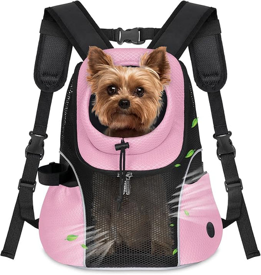 WOYYHO Pet Dog Carrier Backpack Small Dog Front Backpack Ventilated Mesh Dog Travel Back Pack with Safety Belt for Travel Hiking Cycling Outdoor Adventures (Size M: 5-9 lbs, Pink)