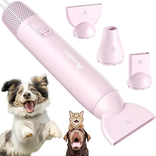 Dog Blow Dryer for Pet Grooming Handheld Lightweight Dog Cat Hair Dryer 3 Speeds 4 Temp, Portable 3HP High Velocity Pet Blower Quiet Dryer for Travel Campaign Home, with 3 Nozzles, Pink