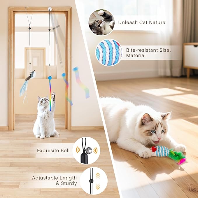 HONGDDY Interactive Bird Simulation Cat Toys，4 in 1 Cat Toys for Indoor Cats, 4 Replacement Birds，Hanging Door Kitten Wand with Suction Cup Removable Feathers Balls Mice Butterfly Streamers