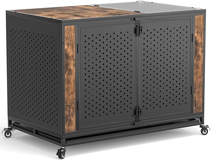 48" Heavy Duty Dog Crate Furniture for Extra Large Dogs, Enclosed Design with 0.5 inch Holes, Indestructible Metal Kennel for High Anxiety Dogs, Chew Proof Pet Cage House Indoor, Brown