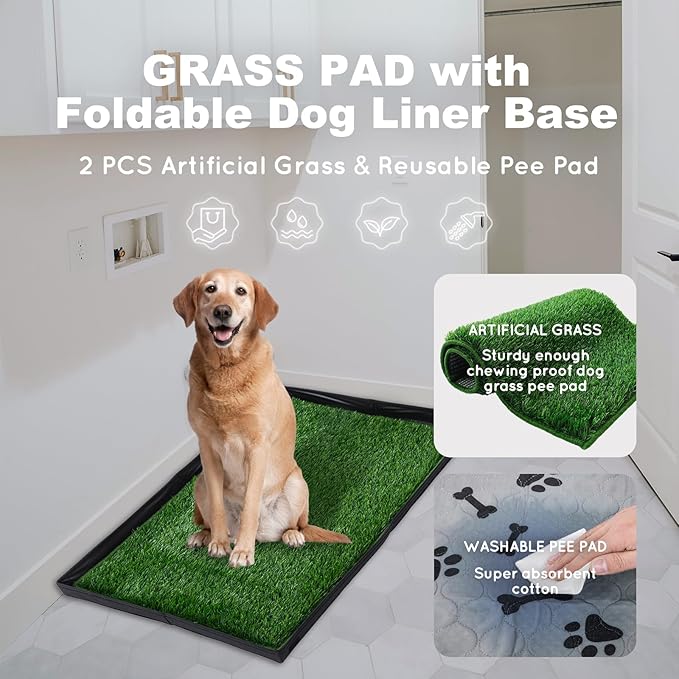 Dog Grass Pad with Foldable Dog Litter Box,Small Liner Base for Balcony，Ultra-Absorbent Artificial Grass Pads for Dogs Pee Pad Holder, Potty Training, 2 PCS Reusable Pee Pads