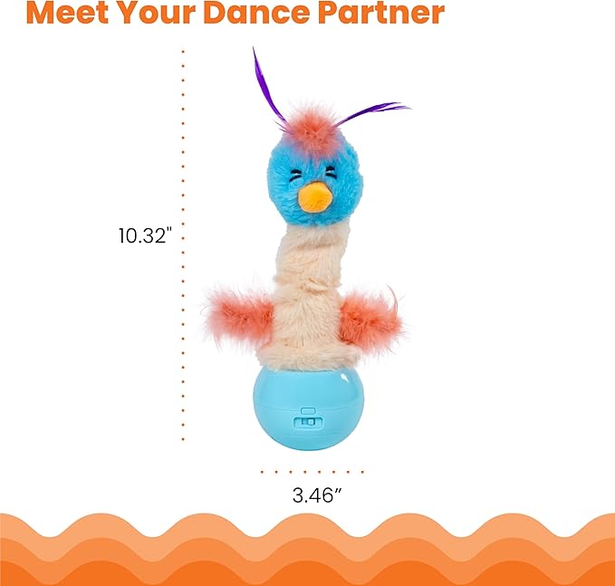 Catstages Electronic Dancing Ostrich Interactive Cat Toy, Wobbles and Plays Music, Battery Powered, Plush, Blue