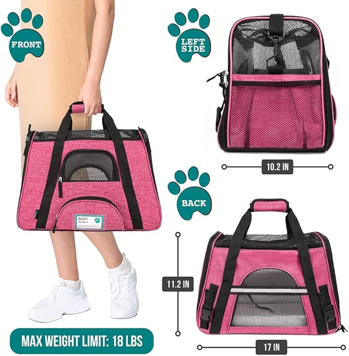 PetAmi Airline Approved Pet Carrier for Cat, Soft Sided Dog Carrier for Small Dog, Cat Travel Supplies Accessories Indoor Cat, Ventilated Pet Carrying Bag Medium Large Kitten Puppy, Small Heather Pink