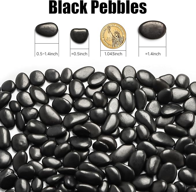 River Rocks 5 Lb, Pebbles for Indoor Plants 0.5"-1.4", Black Rocks for Outdoor Landscaping, Decorative Stones Vase Filler, Fish Tank, Fountain, Succulents, Flower Bed, Black
