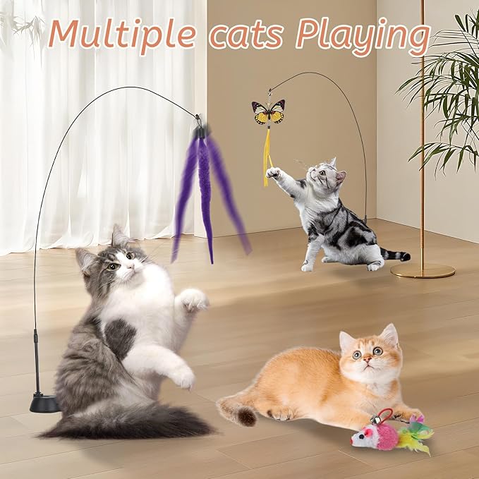 Suction Cup Cat Toys,Interactive Cat Wand with 15Pcs (Feather, Mouse, Butterfly, Worm),Durable Cats Fishing Pole Toy for Indoor Kittens,Fun Stick Toy for Exercise&Play