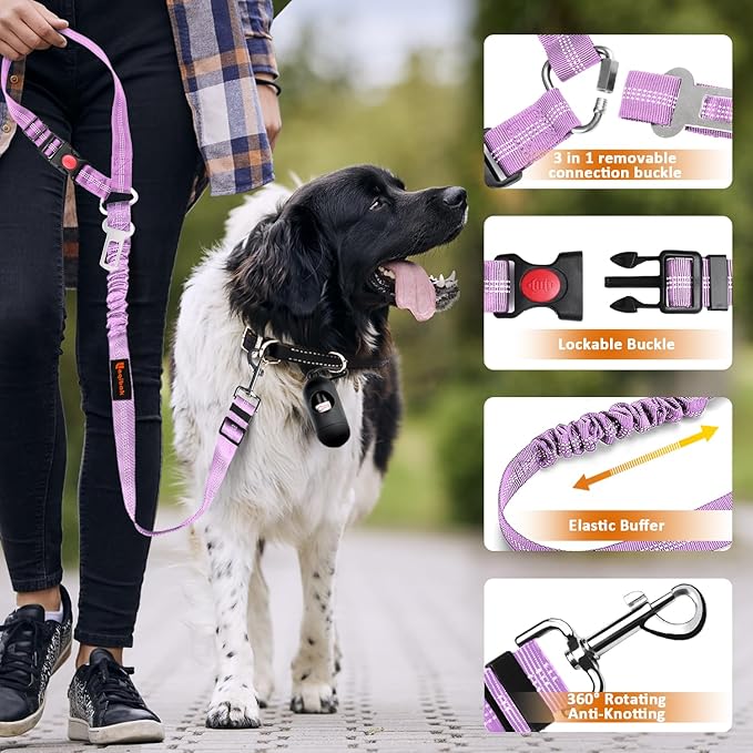 Removable Dog Seat Belt Harness for Car, 3 in 1 Pet Dog Car Seatbelt Leash, Retractable Restraint Secures to Vehicle Headrest & Adjustable Reflective Bungee Dog Seatbelt Tether, Purple