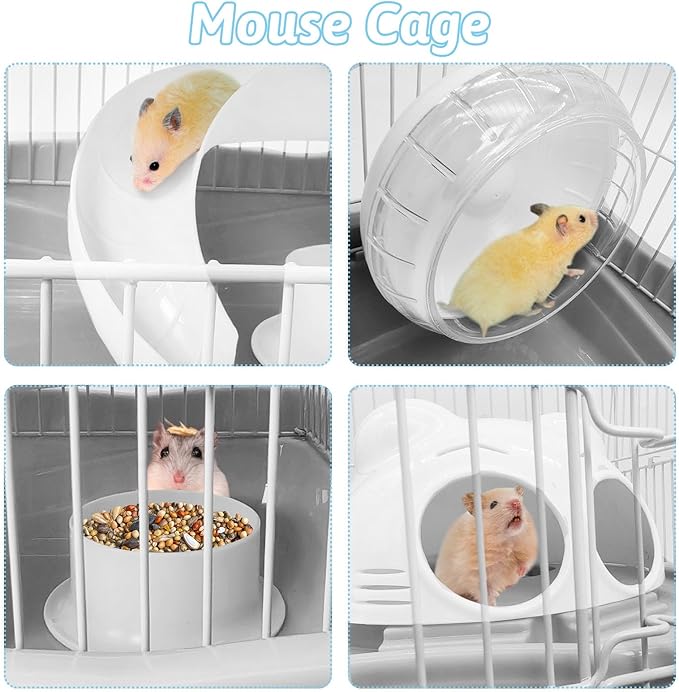 PINVNBY Dwarf Hamster Cage, Small Animal Cages, 2-Tier Travel Portable Mouse Cage Hamster Carrier with Castle House Running Exercise Wheels, Water Bottle and Food Dis（Gray）