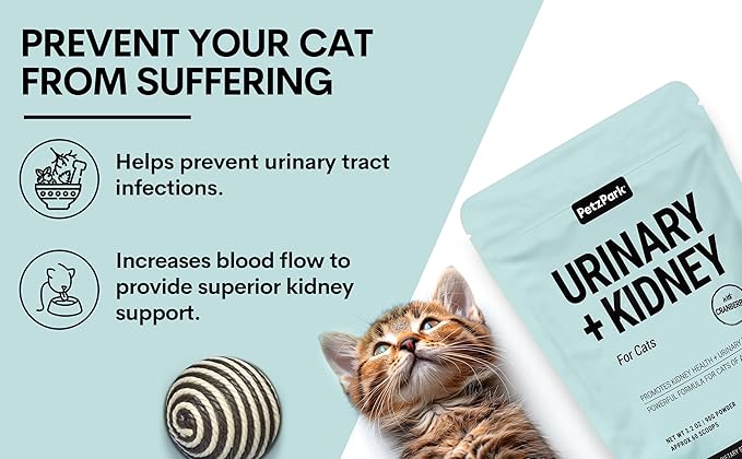 Urinary and Kidney Powder Supplement for Cats - Cranberry, Nettle Seed, D-Mannose for Cat UTI Treatment, Urinary Tract Health, and Kidney Care - Fast UTI Relief & Prevention - 60 Scoops