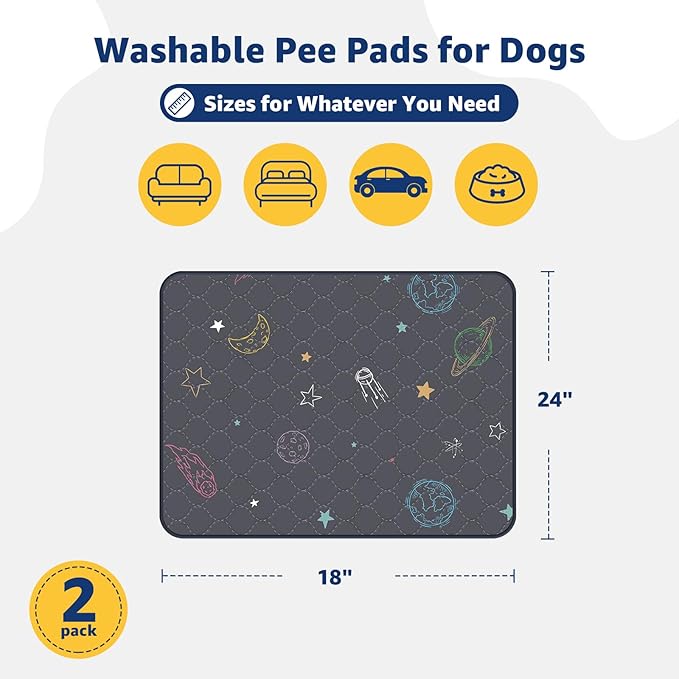 LOOBANI Washable Pee Pads for Dogs: 2 Pack Reusable Puppy Pads for Small Pet, Waterproof Whelping Pads, Non-Slip Potty Training Mat for Dog Playpen, Floor, Cage, Sofa, Crate, Grey, 18" x 24"