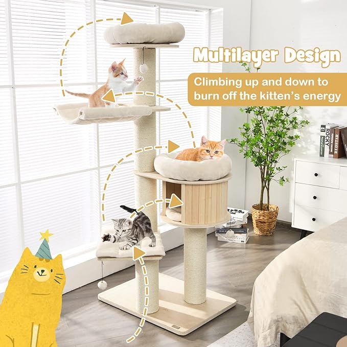 PETSITE 68.5" Tall Cat Tree, Multi-Level Modern Cat Tower with Sisal Scratching Posts, Top Perch, Cat Condo, Hammock, Jingling Balls, and Washable Cushions, Cat Tree Tower for Indoor Cats Large Adult
