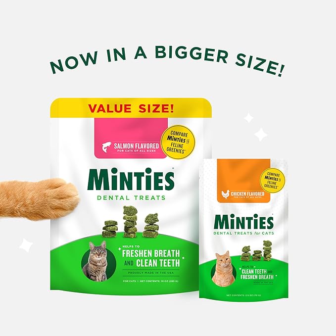 Minties Dental Treats for Cats, Chicken Flavored Treats for Cats, Freshens Breath and Controls Tartar, 10oz