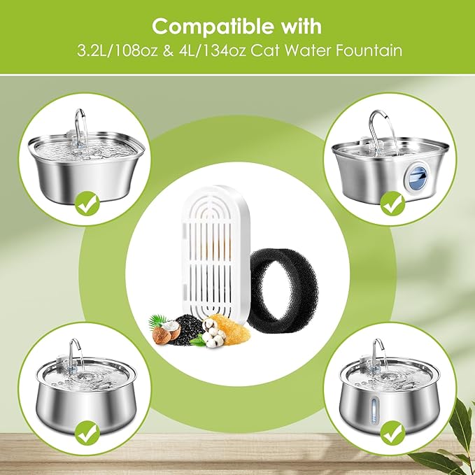 6 Pack Replacement Cat Fountain Filters & Replacement Sponges for Stainless Steel Pet Fountain with Water Level Window, Fountain Carbon Filters for Dog Water Dispenser Bowl