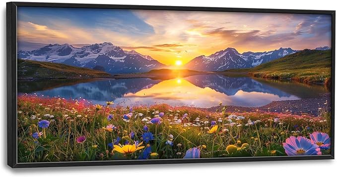 Mountain Large Wall Art Sunrise Lake Flower Field Pictures Nature Landscape Wall Decor Canvas Print Painting Artwork for Bathroom Living Room Bedroom 60L" x 30W"