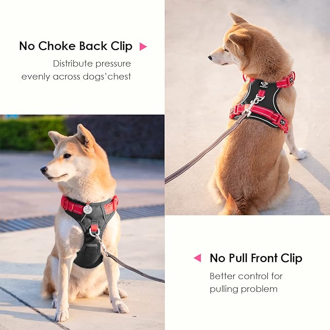 PHOEPET No Pull Dog Harness, Unique Colors Reflective Adjustable Dog Vest, with Soft Training Handle Metal Clips for Small Medium Large Dogs (Black Base & Red Straps,L)
