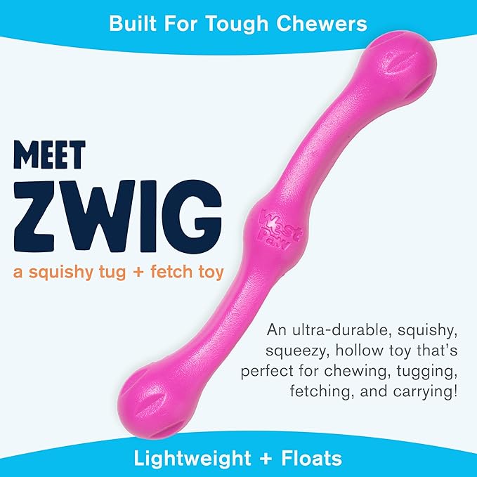 WEST PAW Zogoflex Echo Zwig Squeezy Dog Fetching Stick – Bouncy, Hollow, Squishy Interactive Toy for Puppies, Large Dogs – Floatable Stick, Lightweight Chewy Toy for Catch/Fetch – 13.75”, Hot Pink